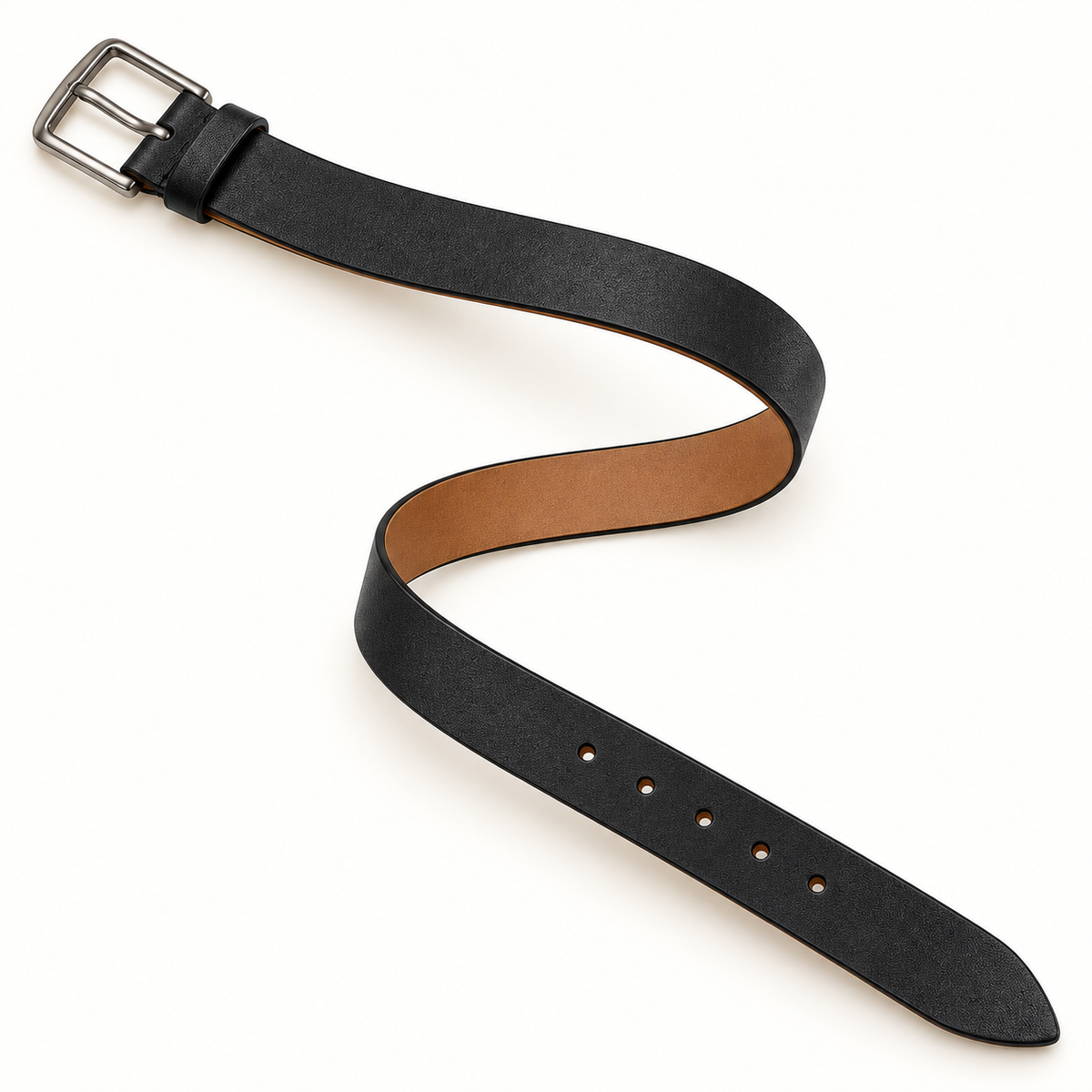 Complete men's black leather belt arranged in a smooth S-shaped curve, showing its plain silver-tone pin buckle, black keeper, round holes, pointed tip and tan underside on a warm-white background.