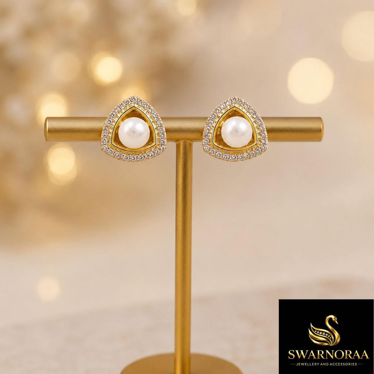 Pearl Triangle Stud Earrings - Gold (Studio Shot)