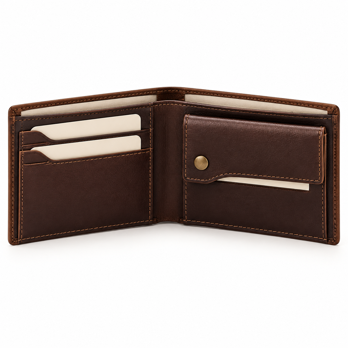 Open dark brown bifold wallet showing left card slots, a right flap pocket with a brass-tone snap, a long upper note section and tan stitching.