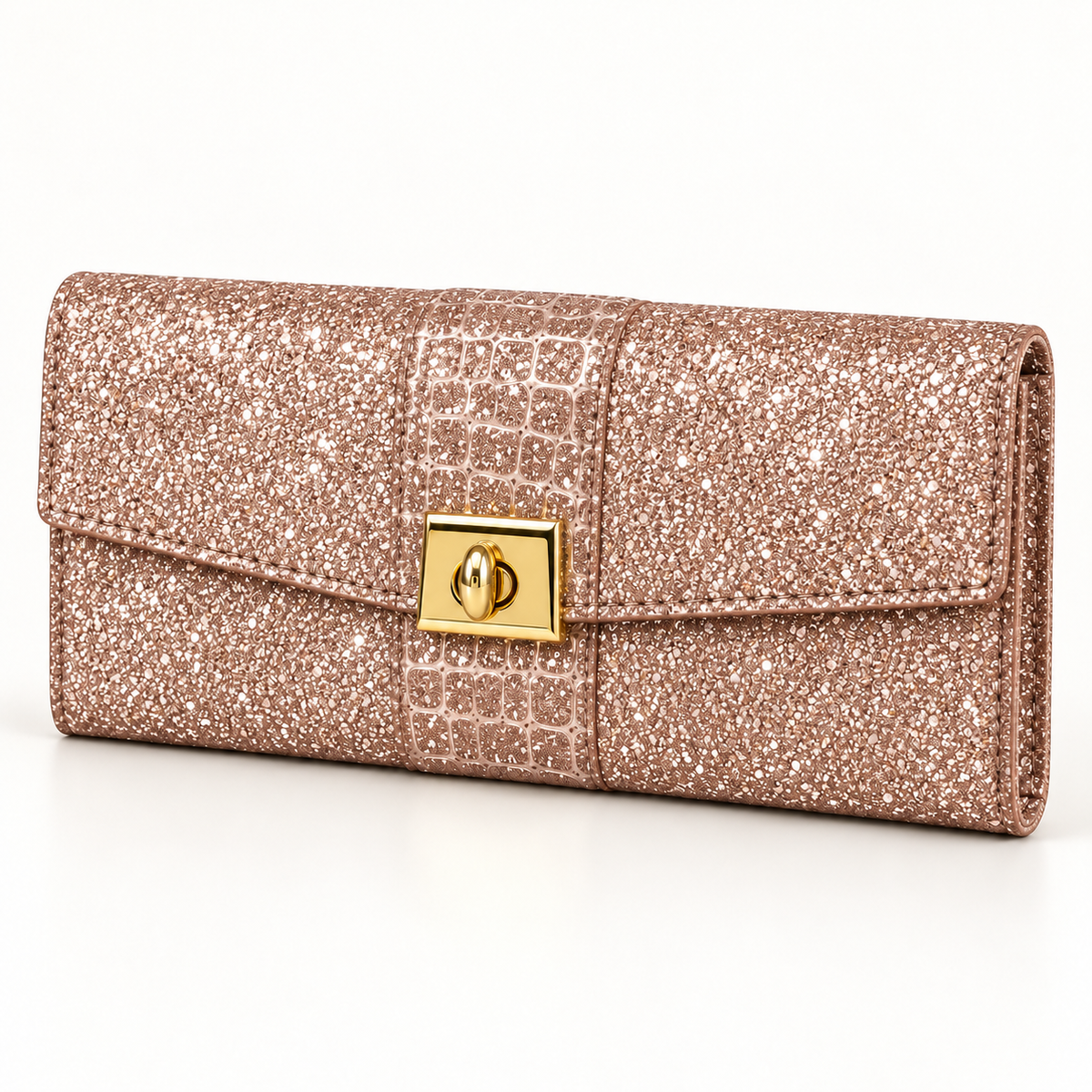 Rose gold glitter clutch shown at an angle with a slim rectangular profile, stitched envelope flap, embossed scale-pattern band and gold-tone turn lock.