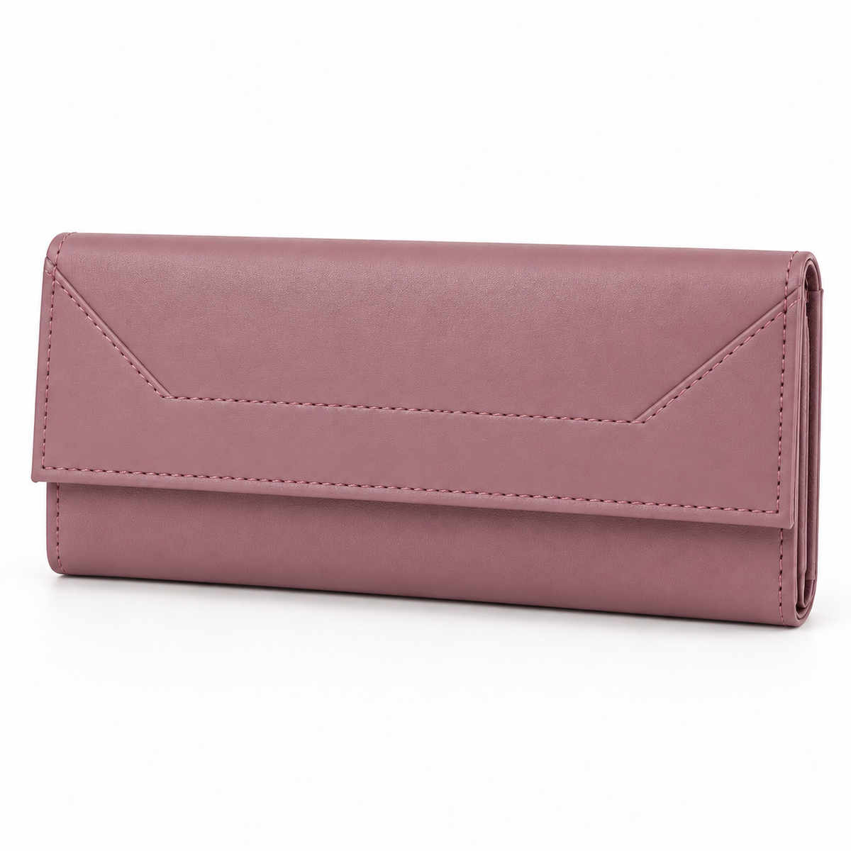 Dusty pink long wallet shown at an angle with an envelope-style flap, matching stitched borders, subtle surface grain and visible folded side edges.