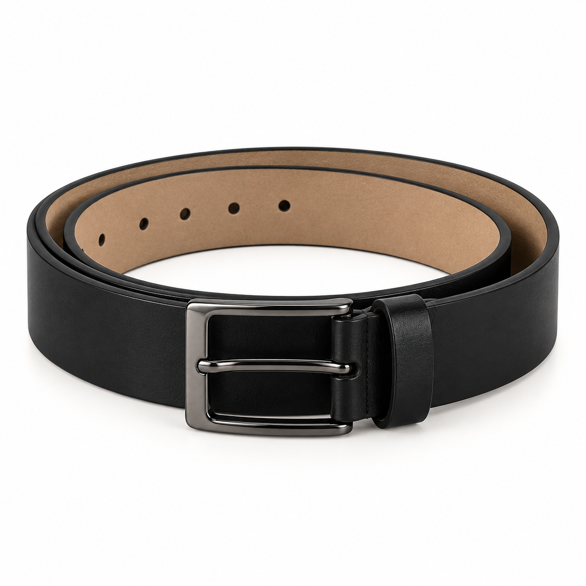 Front view of a coiled black belt with a rectangular gunmetal-tone pin buckle, matching keeper loop, subtle surface texture and visible tan backing.