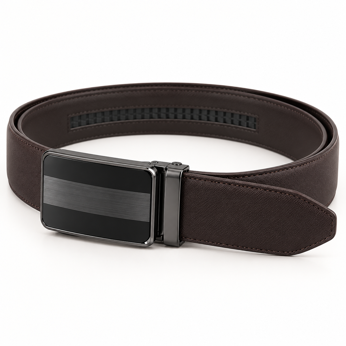 Dark-brown belt in an elevated oval arrangement with the plain rectangular clamp buckle and tapered tip visible.