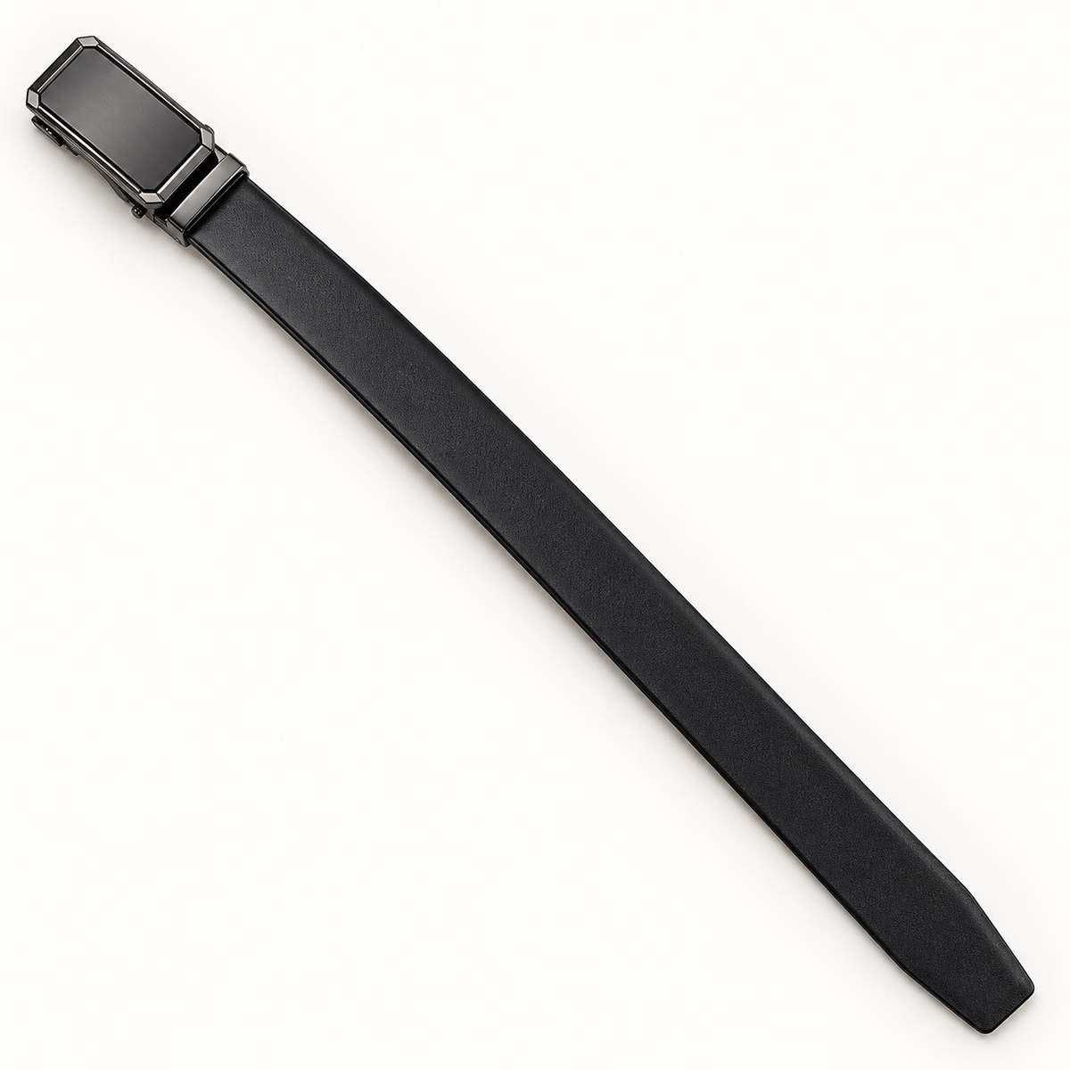 Full-length diagonal view of a black Leather belt with a smooth strap, clean edges, tapered tip and plain rectangular automatic clamp buckle on a warm-white background.