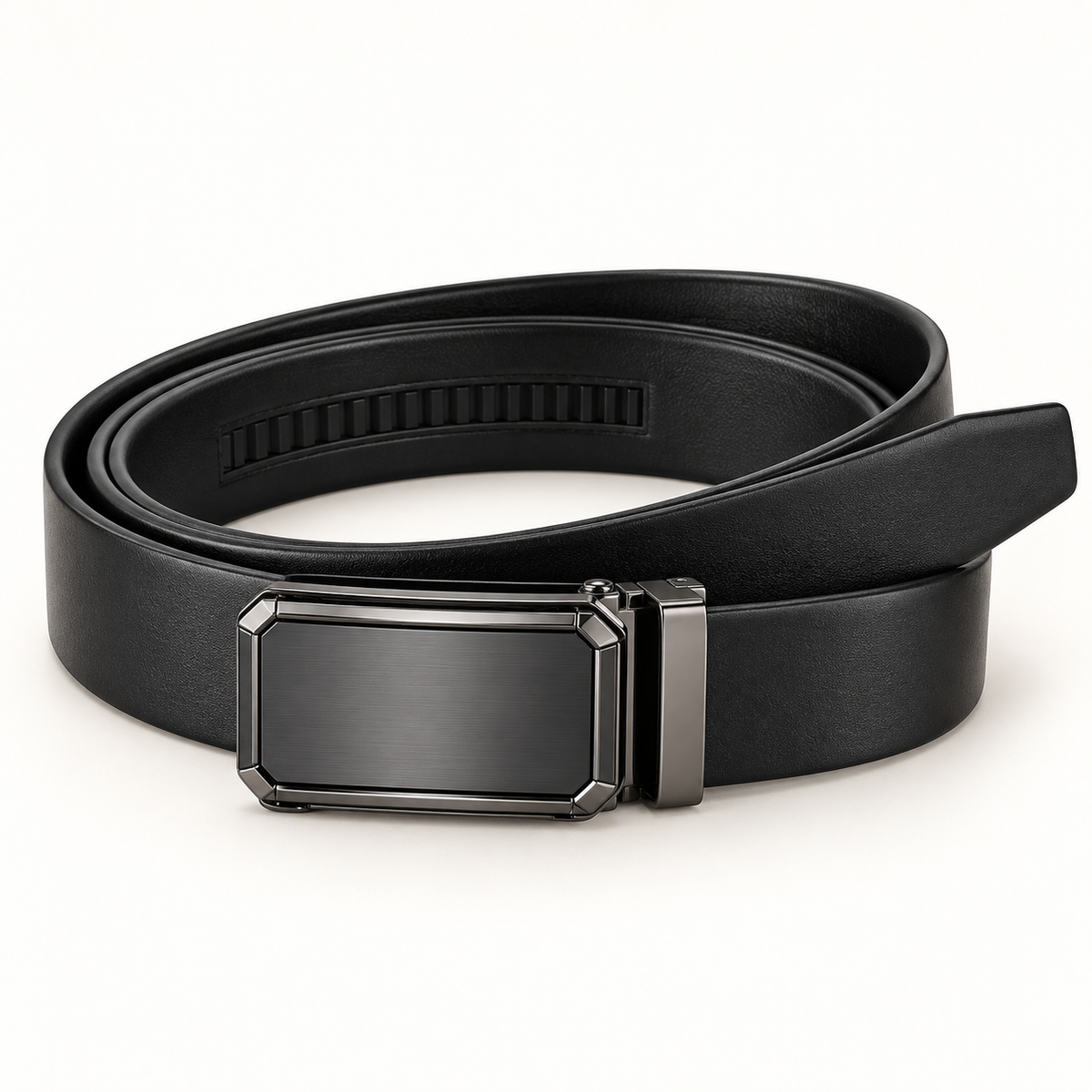 Black Leather belt in a neat coil, showing its plain rectangular automatic clamp buckle, tapered strap tip and track-style adjustment backing on a warm-white background.
