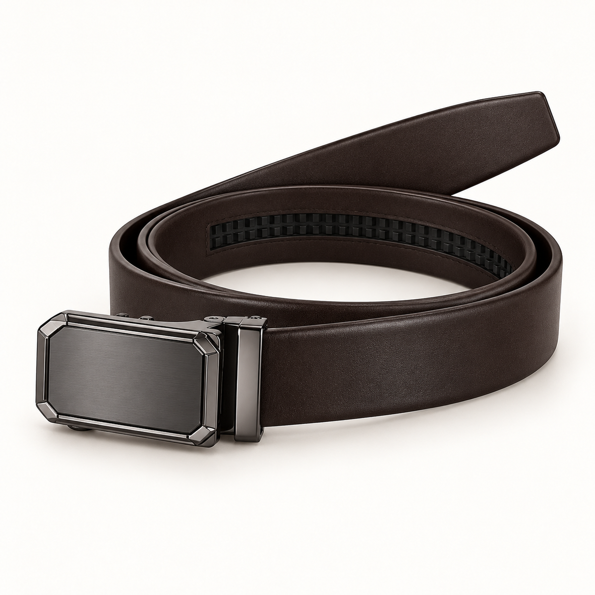 Dark-brown Leather belt in a three-quarter coiled view, showing the plain rectangular automatic clamp buckle, clean strap edges, tapered tip and track-style adjustment backing on a warm-white background.