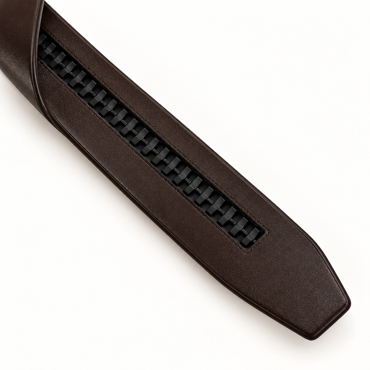 Close-up of the dark-brown Leather belt's tapered tip and underside track-style adjustment backing on a warm-white background.