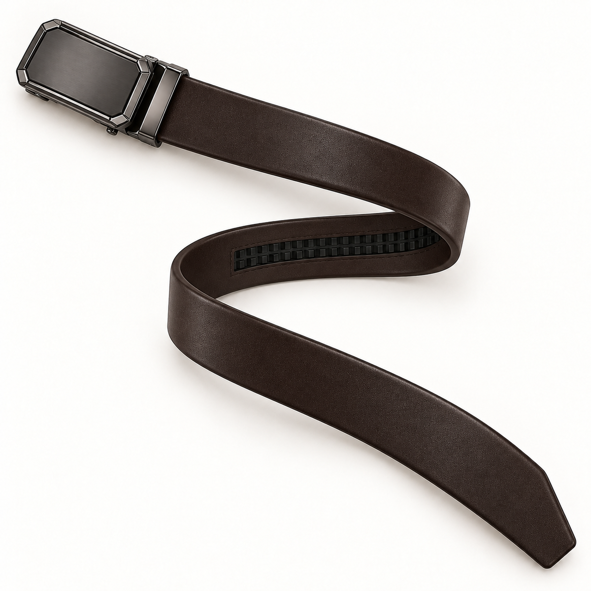 view of a complete dark-brown Leather belt in an S-shaped curve, showing the plain rectangular automatic clamp buckle, smooth strap, clean edges, adjustment track and tapered tip on a warm-white background.