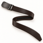 view of a complete dark-brown Leather belt in an S-shaped curve, showing the plain rectangular automatic clamp buckle, smooth strap, clean edges, adjustment track and tapered tip on a warm-white background.