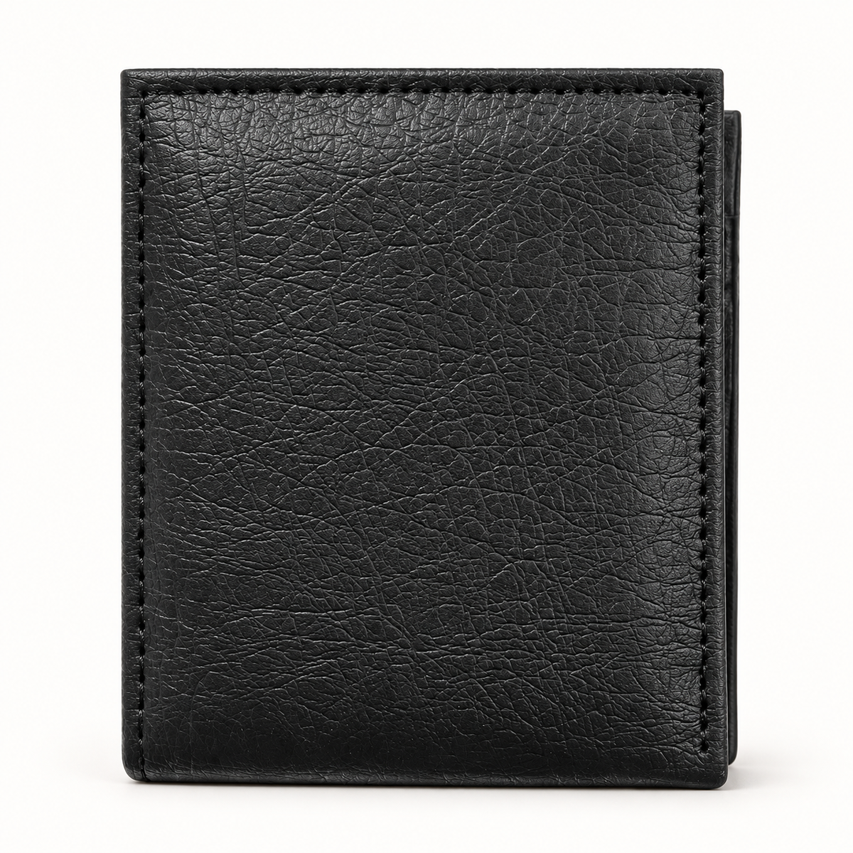 Black leather bifold wallet, closed front view showing the plain textured exterior and dark stitched edges on a warm-white studio background.