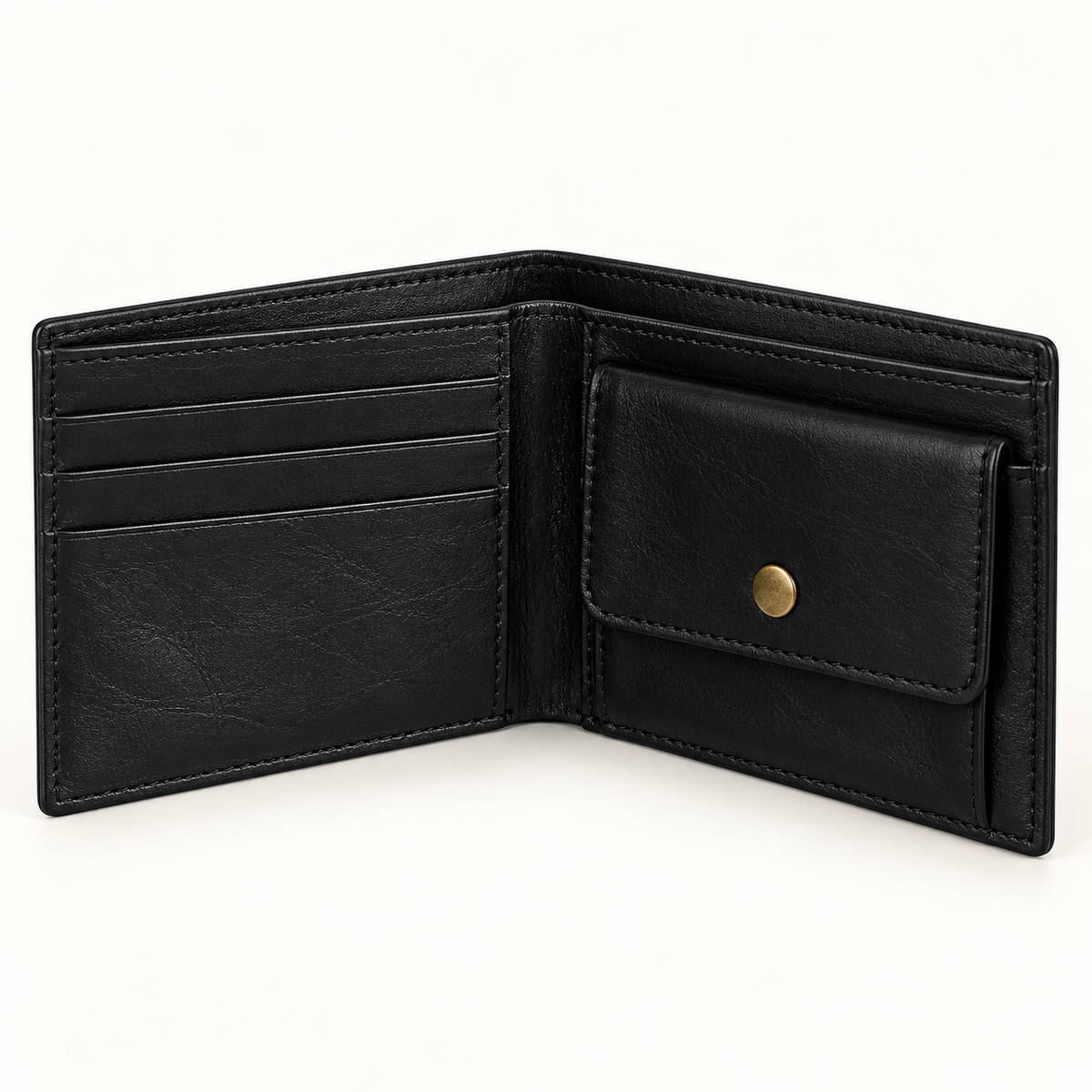 Open black leather bifold wallet showing left-side card slots, a right-side snap-button coin pocket and the note compartment opening on a warm-white studio background.