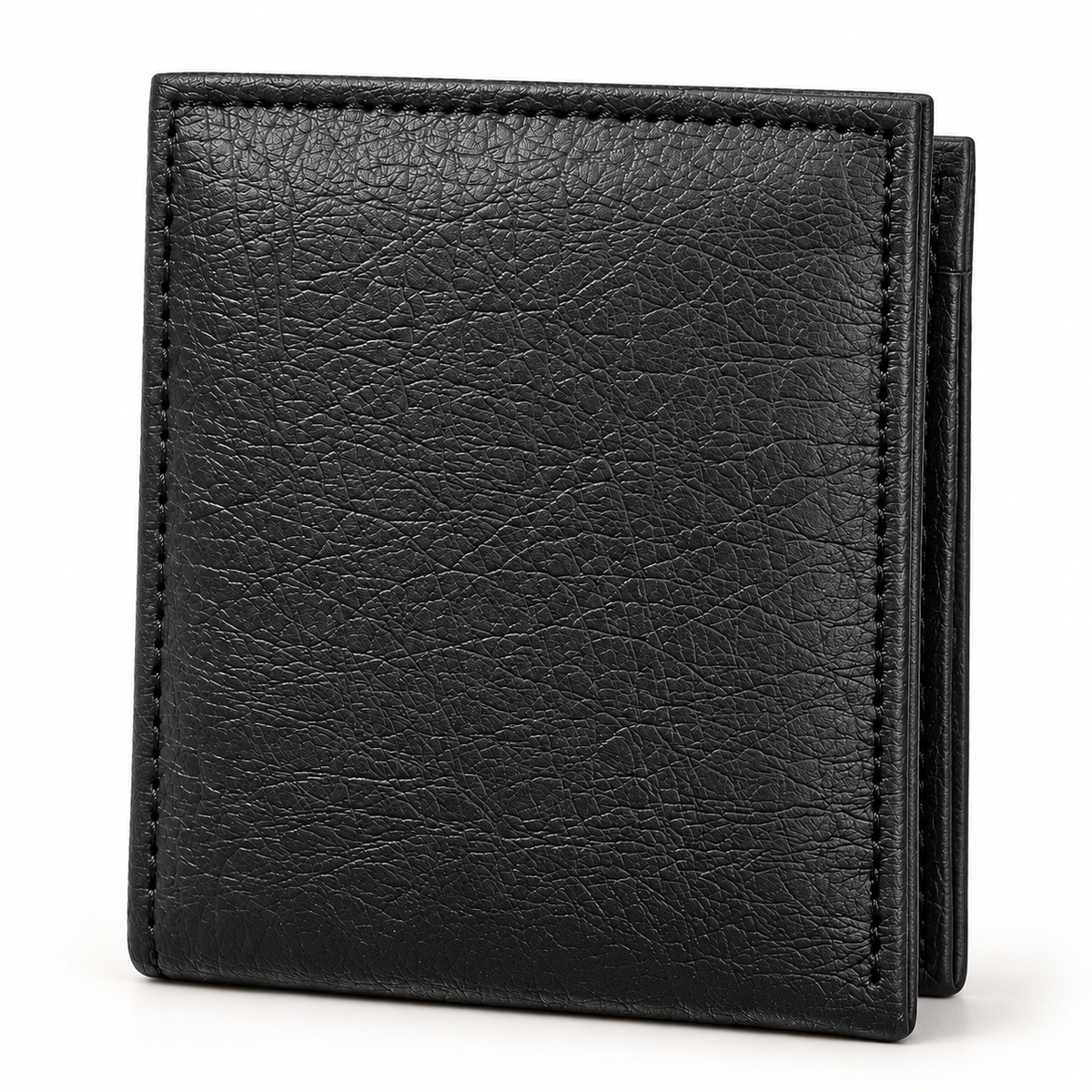 Closed black leather bifold wallet in a three-quarter view showing its textured exterior, stitching and folded thickness on a warm-white studio background.