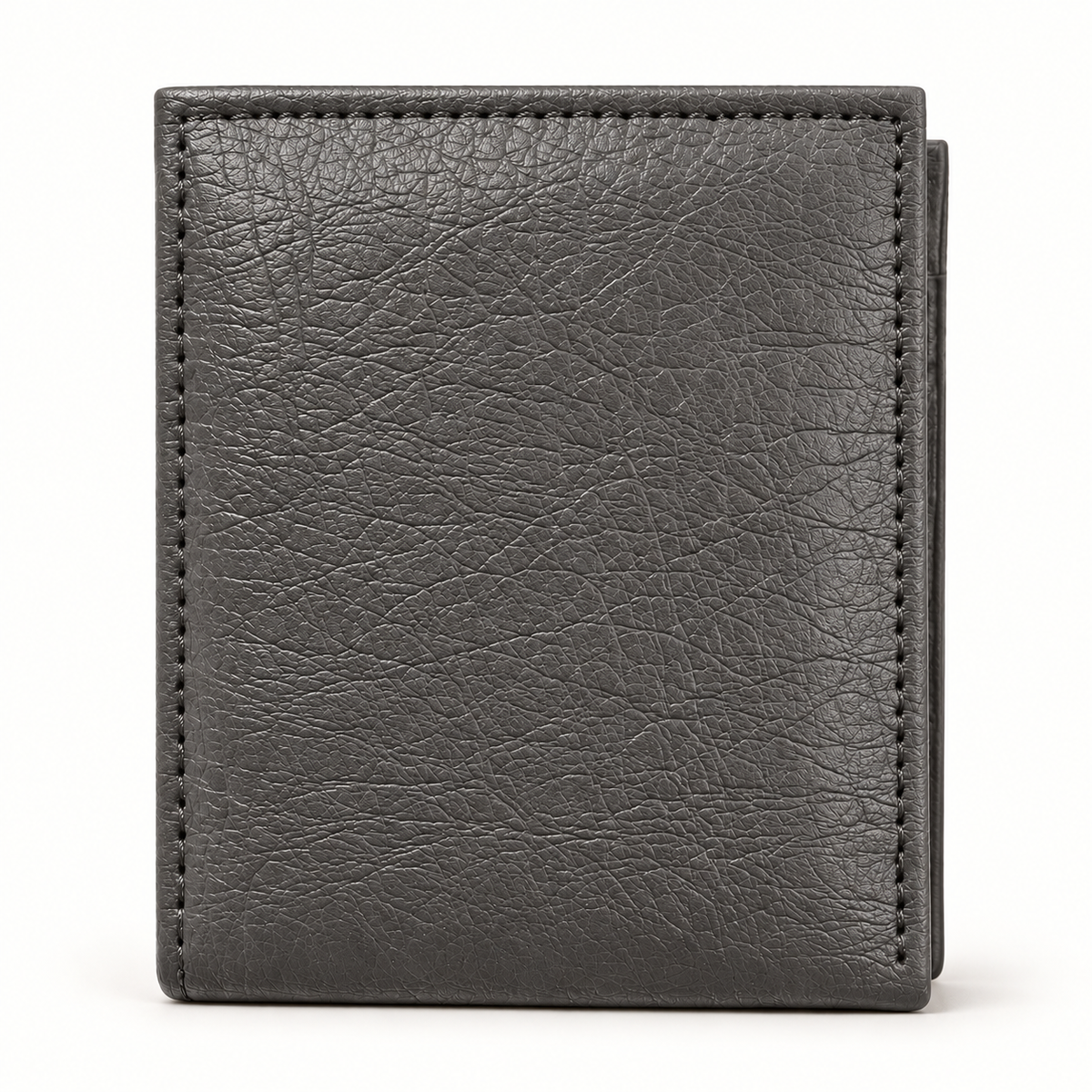 Grey leather bifold wallet, closed front view showing the plain textured exterior and dark stitched edges on a warm-white studio background.