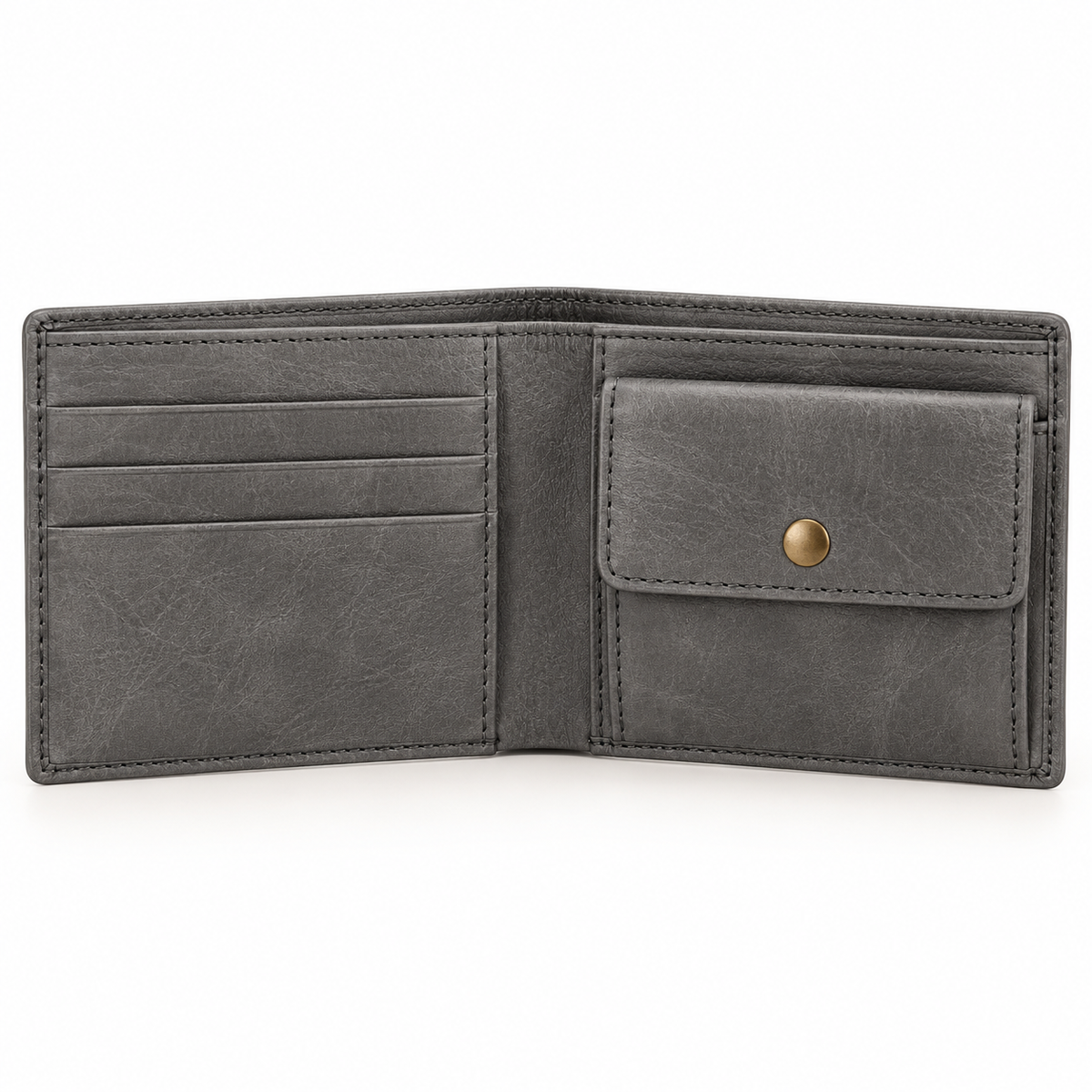 Illustrative generated grey wallet interior, created with user approval based on a layout similar to the black wallet; shows card slots, a note compartment opening and a snap-button coin pocket. Actual assorted layouts may vary.