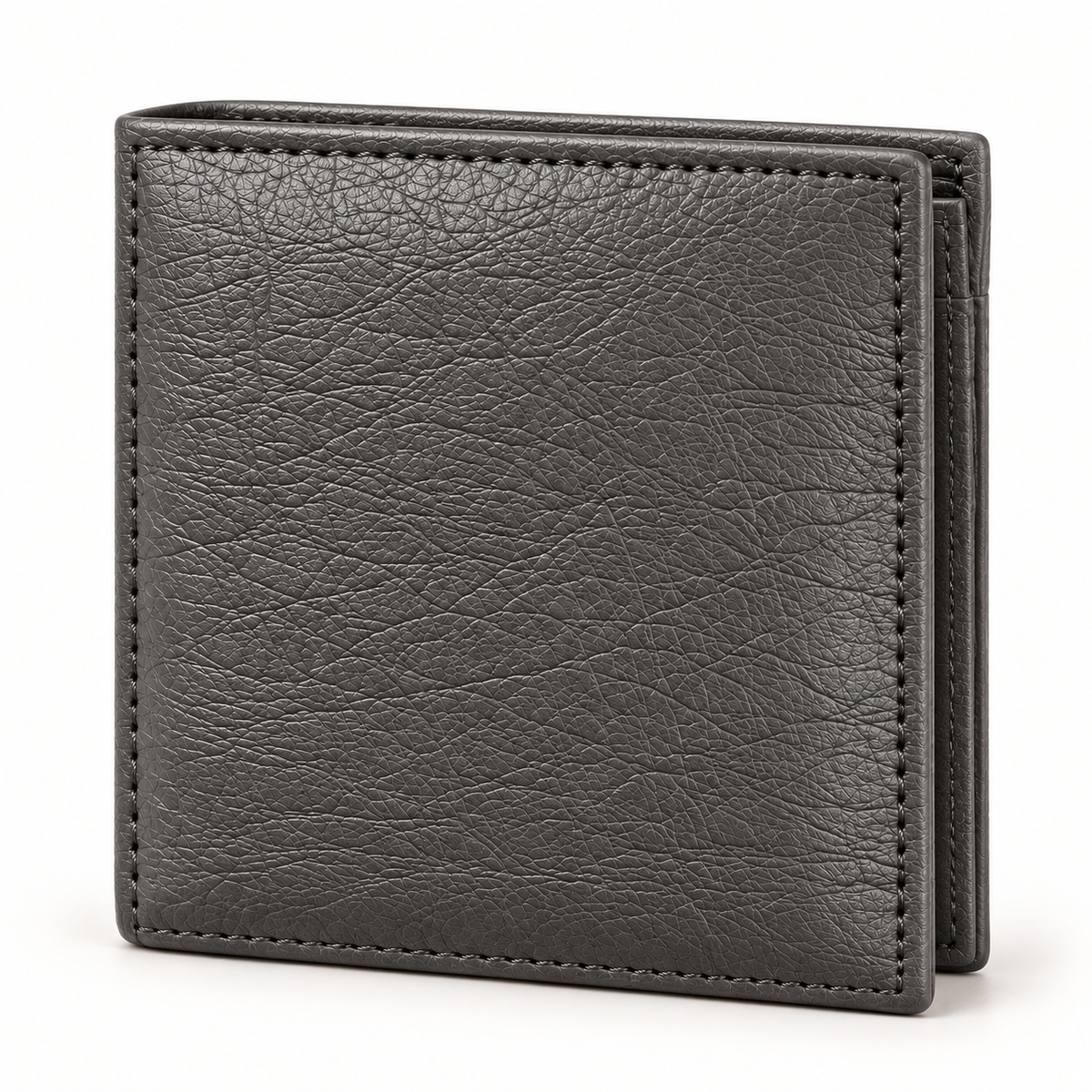 Closed grey leather bifold wallet in a three-quarter view showing its textured exterior, stitched edges and folded thickness on a warm-white studio background.