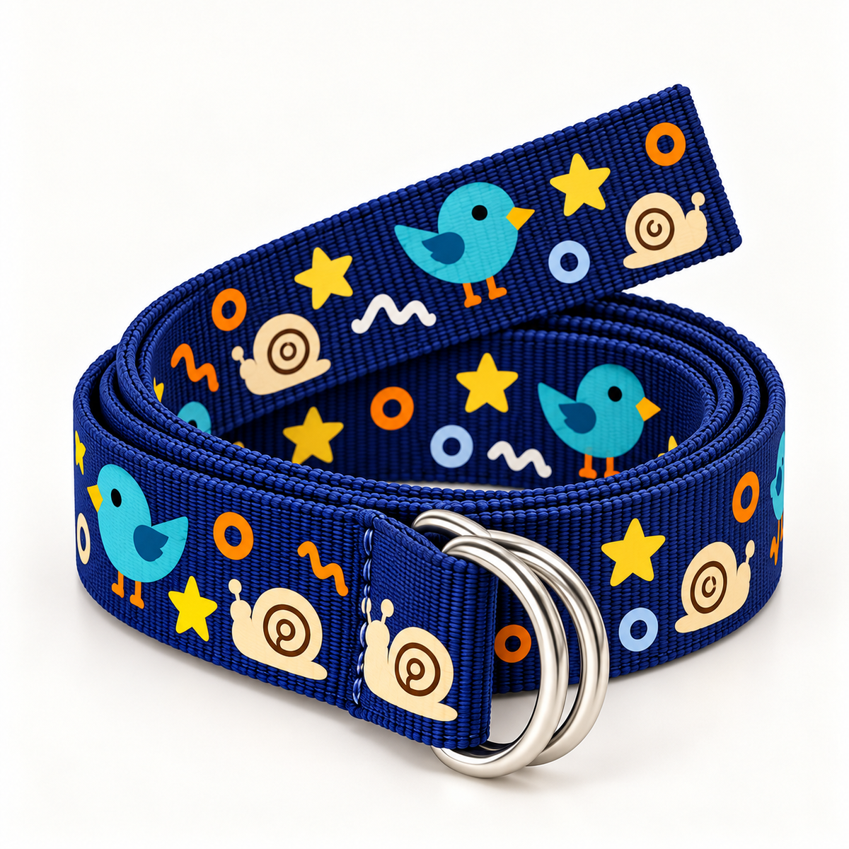 Navy nylon webbing belt in a neat coil, showing the woven texture, double silver-tone D-rings and original bird, snail, star and circle pattern on a warm-white background.