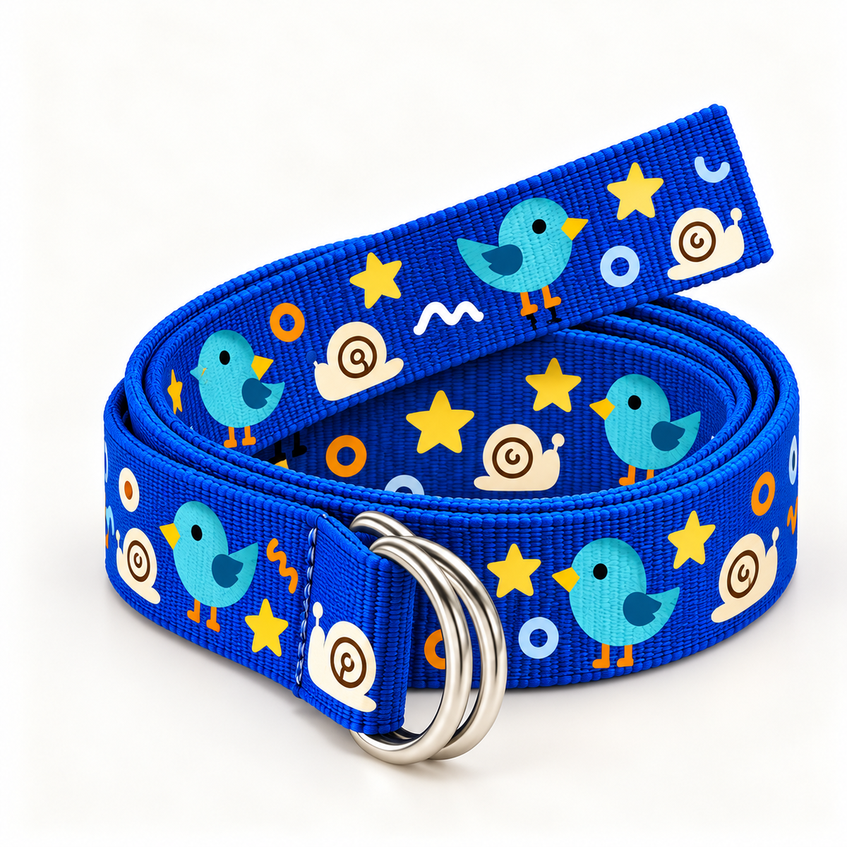 Blue nylon webbing belt in a three-quarter coiled view, showing its double D-ring buckle, woven texture and original bird, snail, star and circle print on a warm-white background.