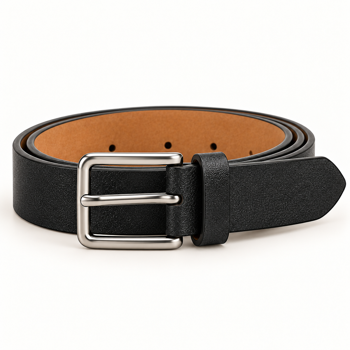 Men's black leather belt in a neat circular coil, with a plain rectangular silver-tone pin buckle and matching black keeper facing forward on a warm-white background.