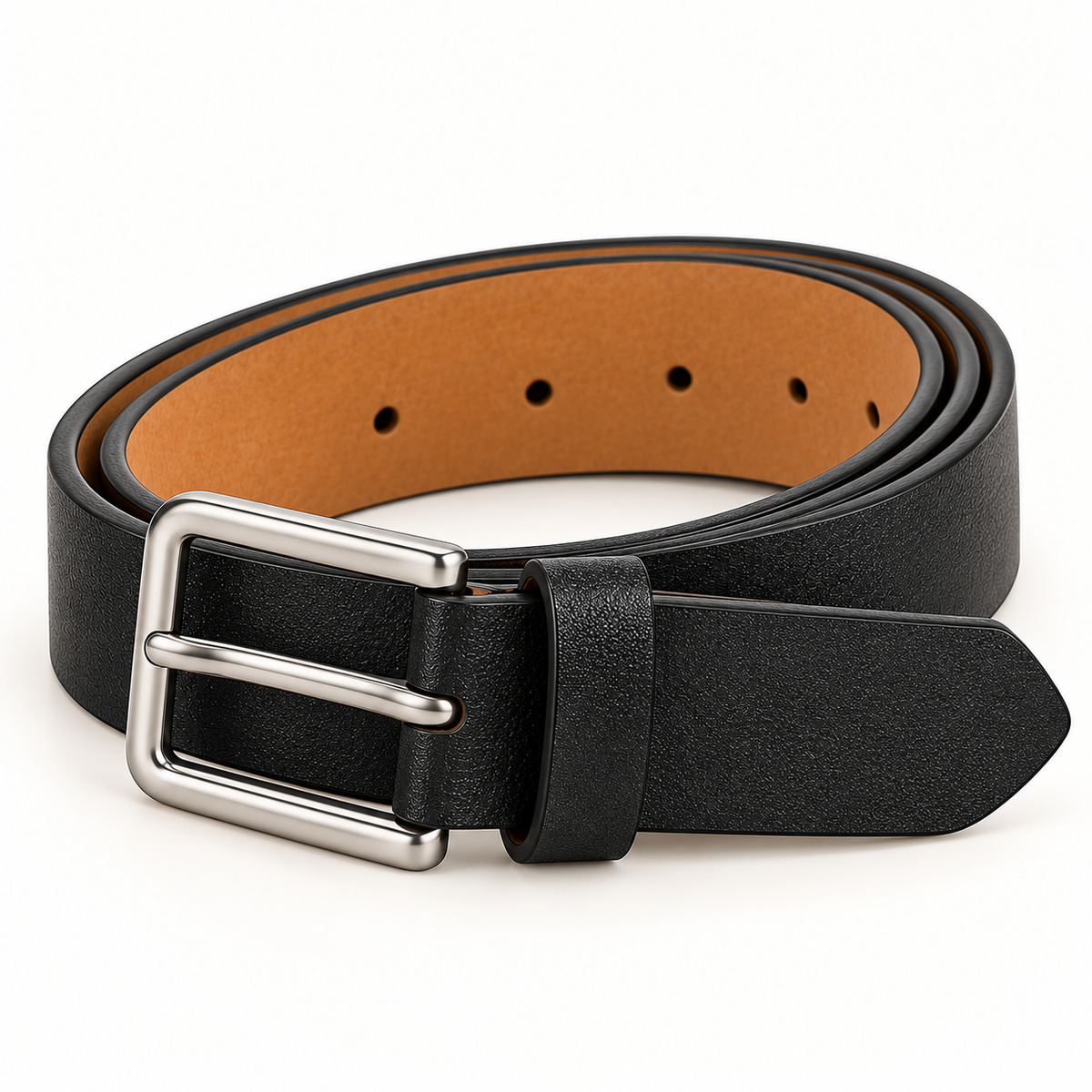 Three-quarter view of a coiled men's black leather belt, showing the lightly textured black strap, plain silver-tone pin buckle, matching keeper and tan underside on a warm-white background.