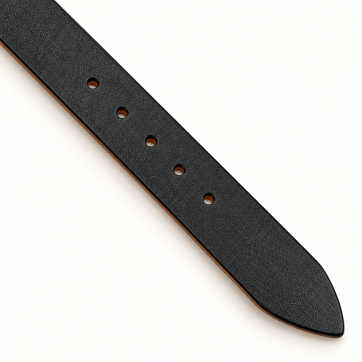 Close-up of five round adjustment holes and the pointed tip of the lightly textured black leather belt on a warm-white background.