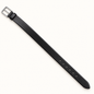 Full-length diagonal view of a slim black leather belt with a smooth finish, plain rectangular silver-tone pin buckle, matching keeper, round adjustment holes and rounded tip on a warm-white background.