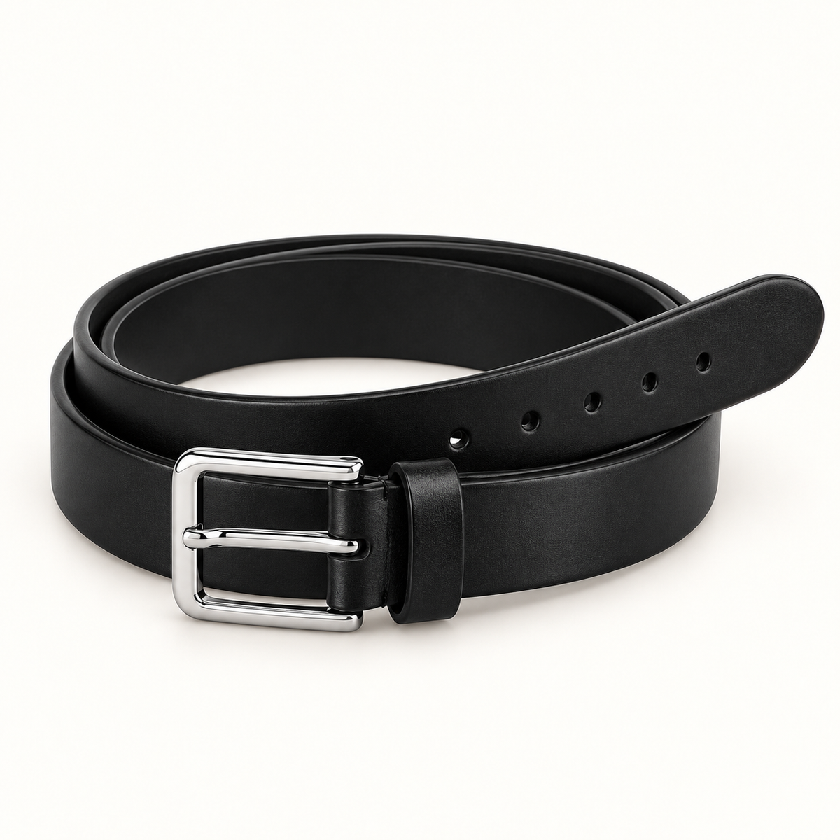 Neatly coiled black leather belt showing its smooth slim strap, plain rectangular silver-tone pin buckle, matching black keeper and rounded tip on a warm-white background.