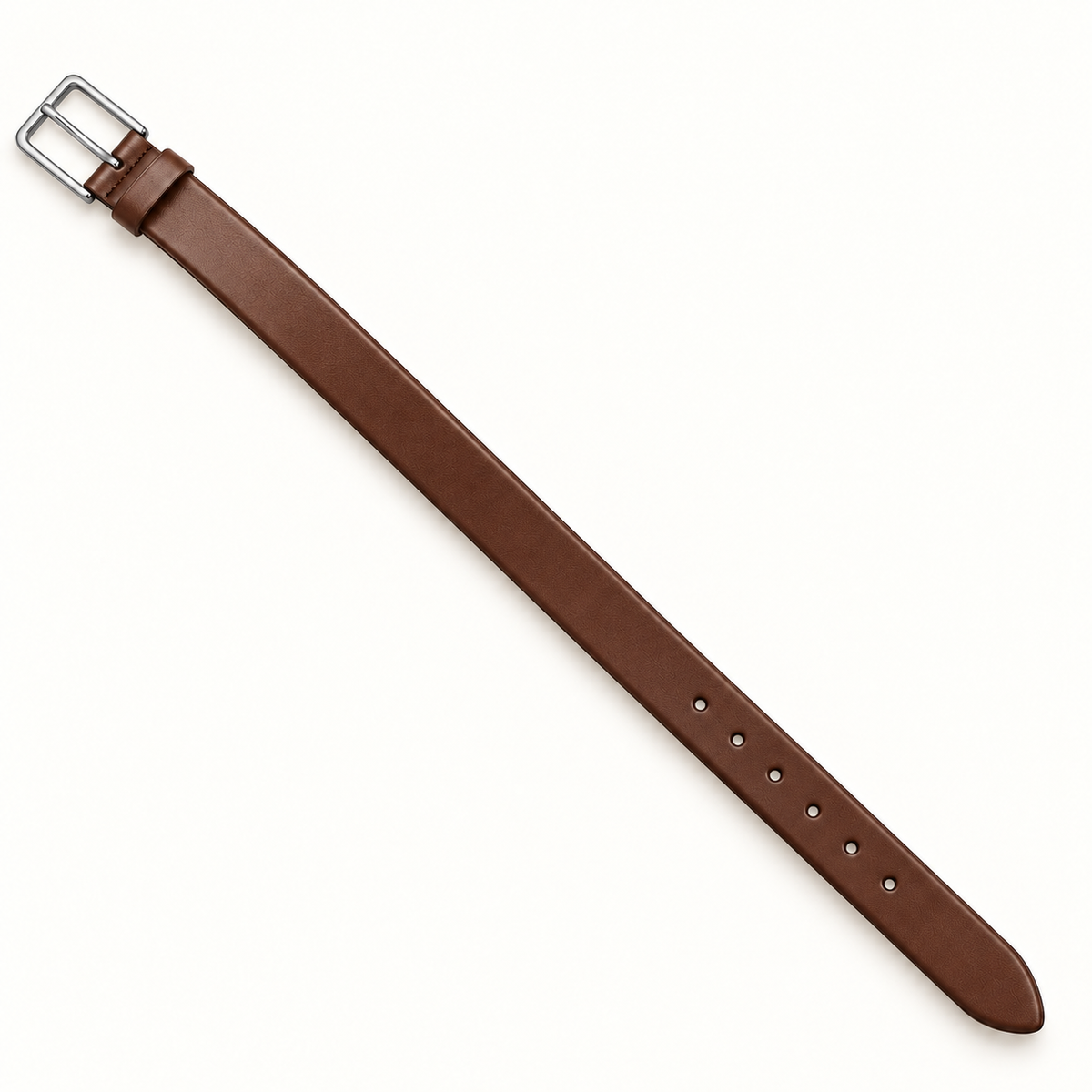 Full-length diagonal view of a slim brown leather belt with a smooth finish, plain rectangular silver-tone pin buckle, matching keeper, round adjustment holes and rounded tip on a warm-white background.
