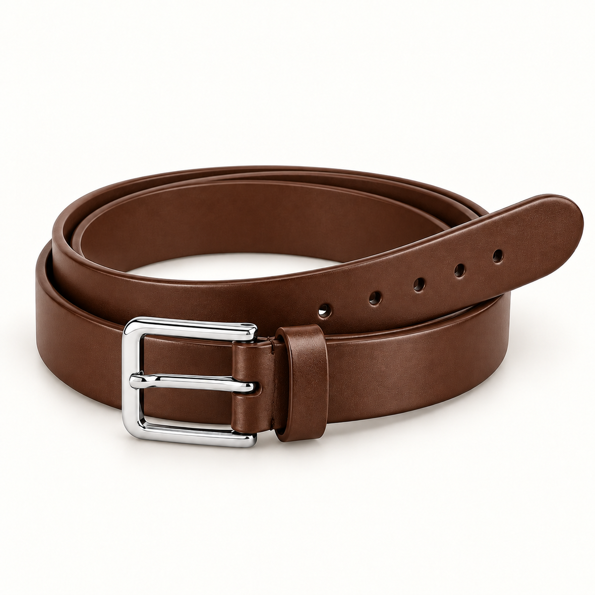 Neatly coiled brown leather belt showing its smooth slim strap, plain rectangular silver-tone pin buckle, matching brown keeper and rounded tip on a warm-white background.