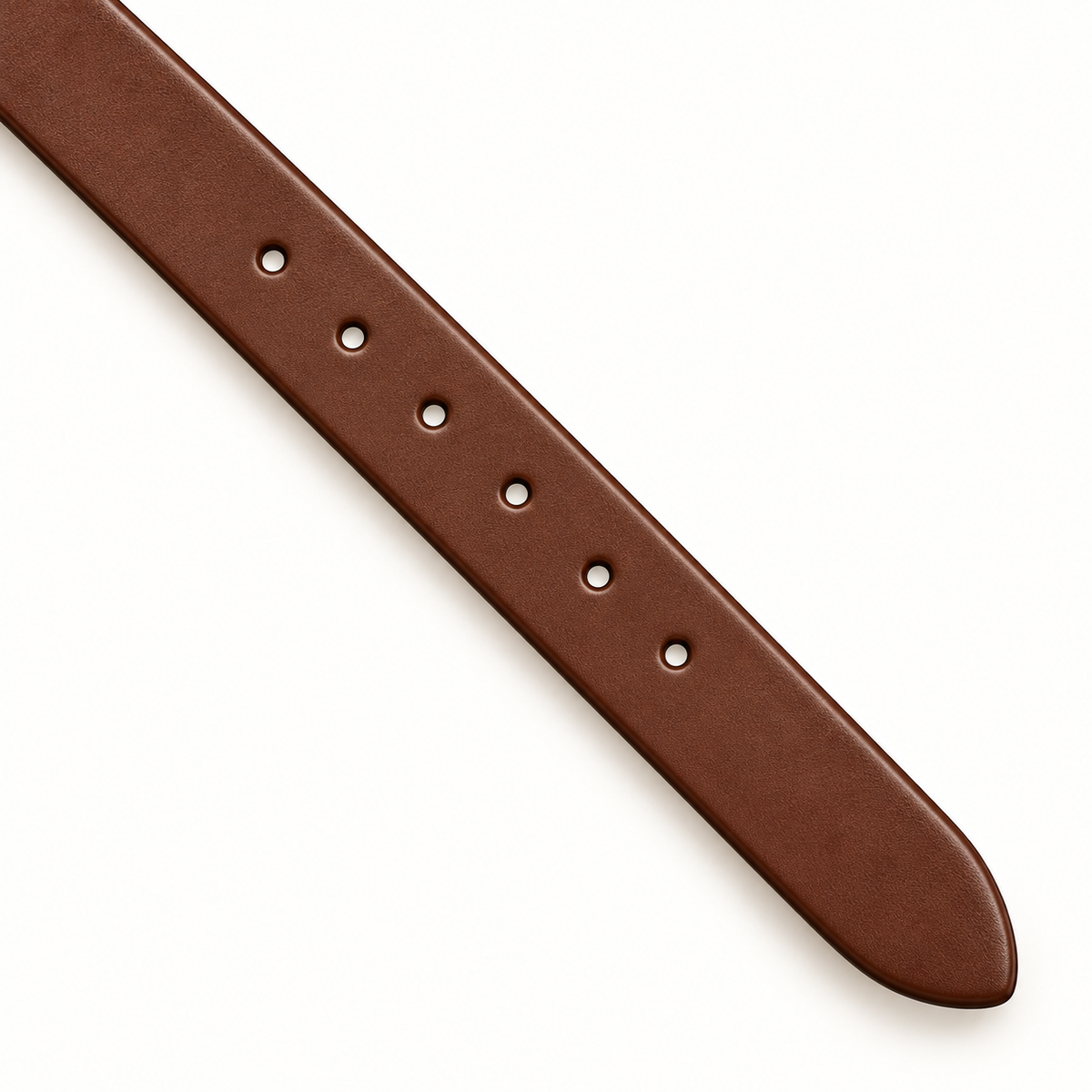 Close-up of the round adjustment holes and rounded tip of a slim smooth brown leather belt on a warm-white background.
