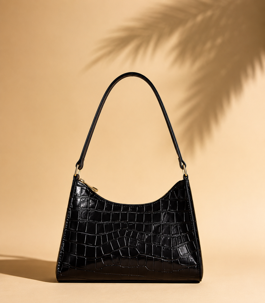 Women’s Black Croc Texture Shoulder Bag | Stylish Leather Handbag | Pr