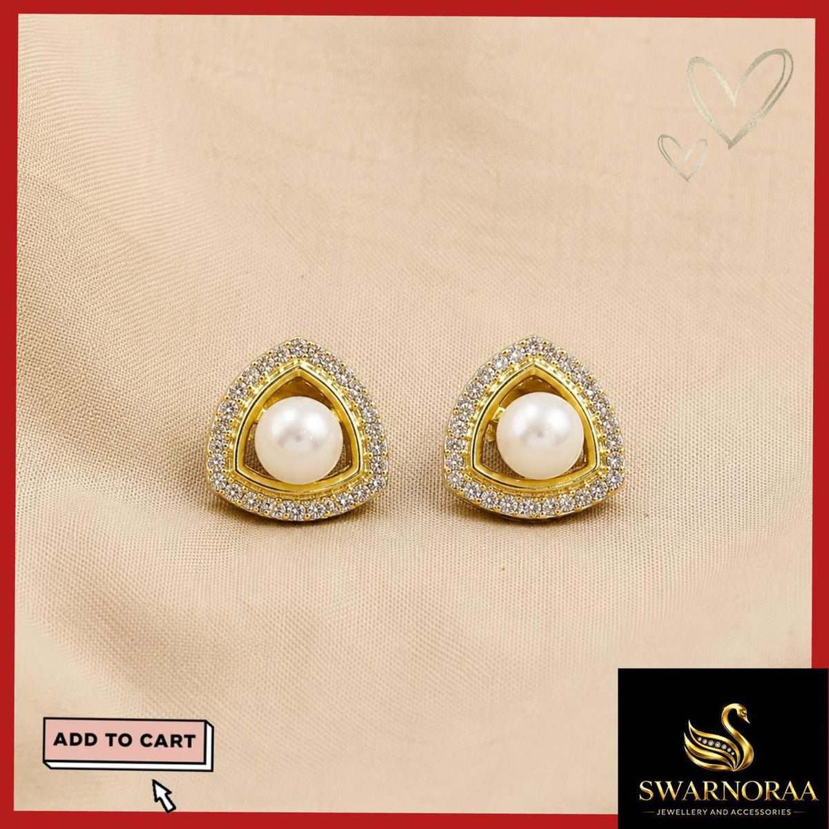 Pearl Triangle Stud Earrings - Gold (Worn Shot)