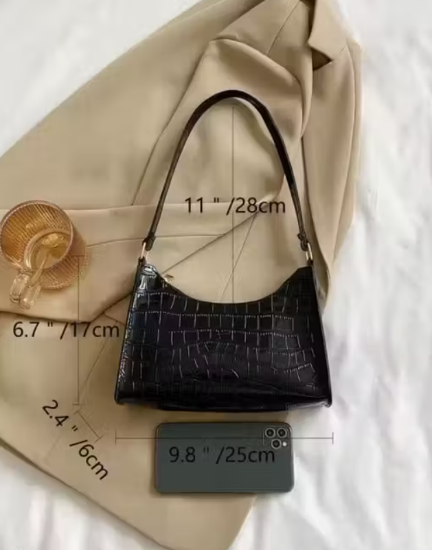 Women’s Black Croc Texture Shoulder Bag | Stylish Leather Handbag | Pr