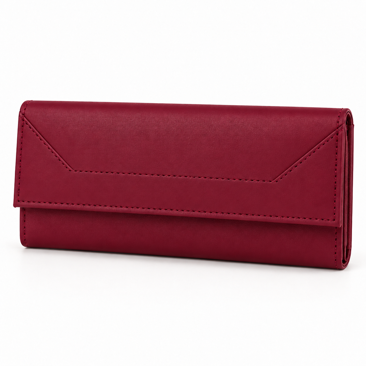 Burgundy rectangular wallet in three-quarter view with a fine surface texture, angular envelope-style flap stitching and matching stitched borders.