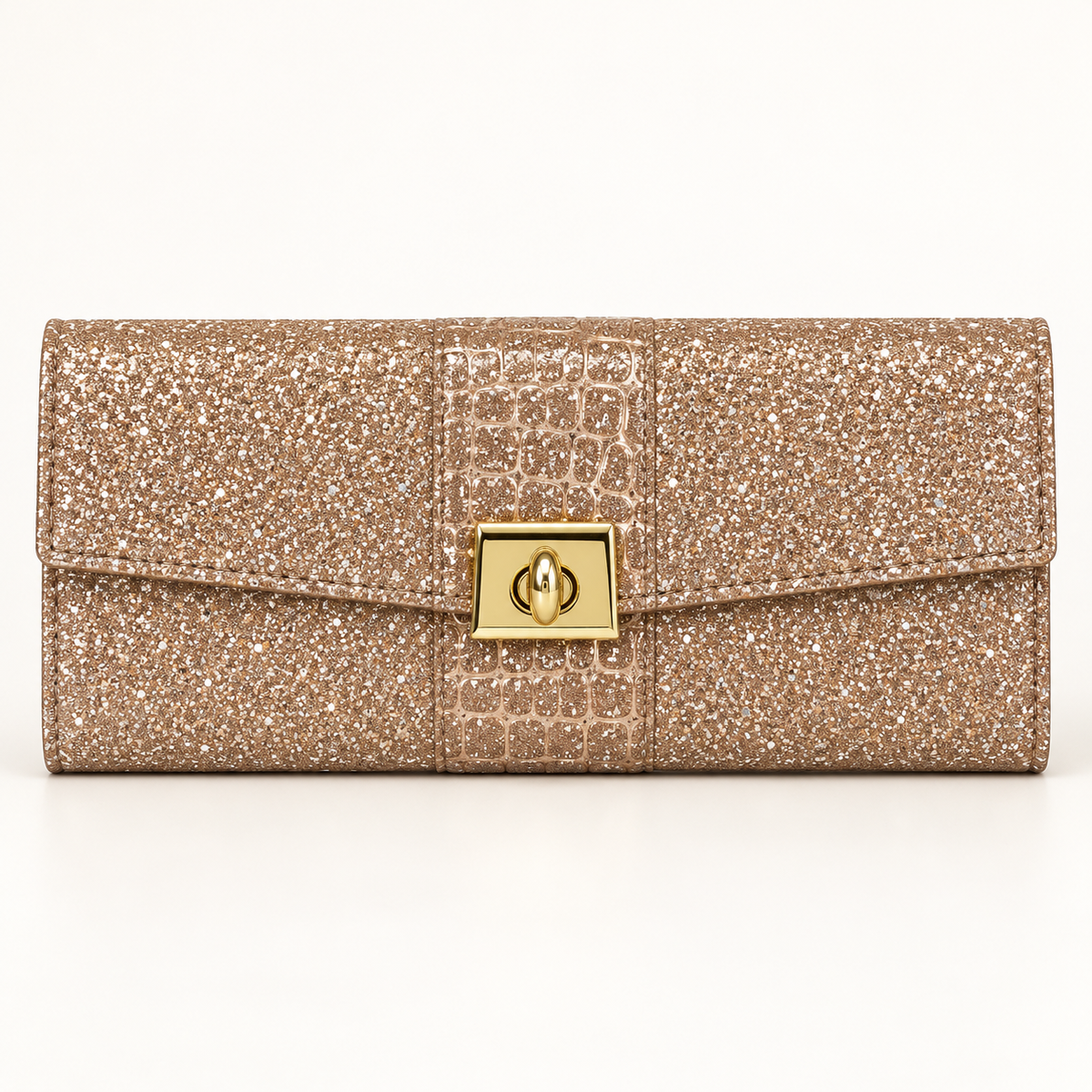 Gold glitter clutch shown from the front, featuring a rectangular envelope shape, stitched flap edges, embossed scale-pattern centre band and turn lock.