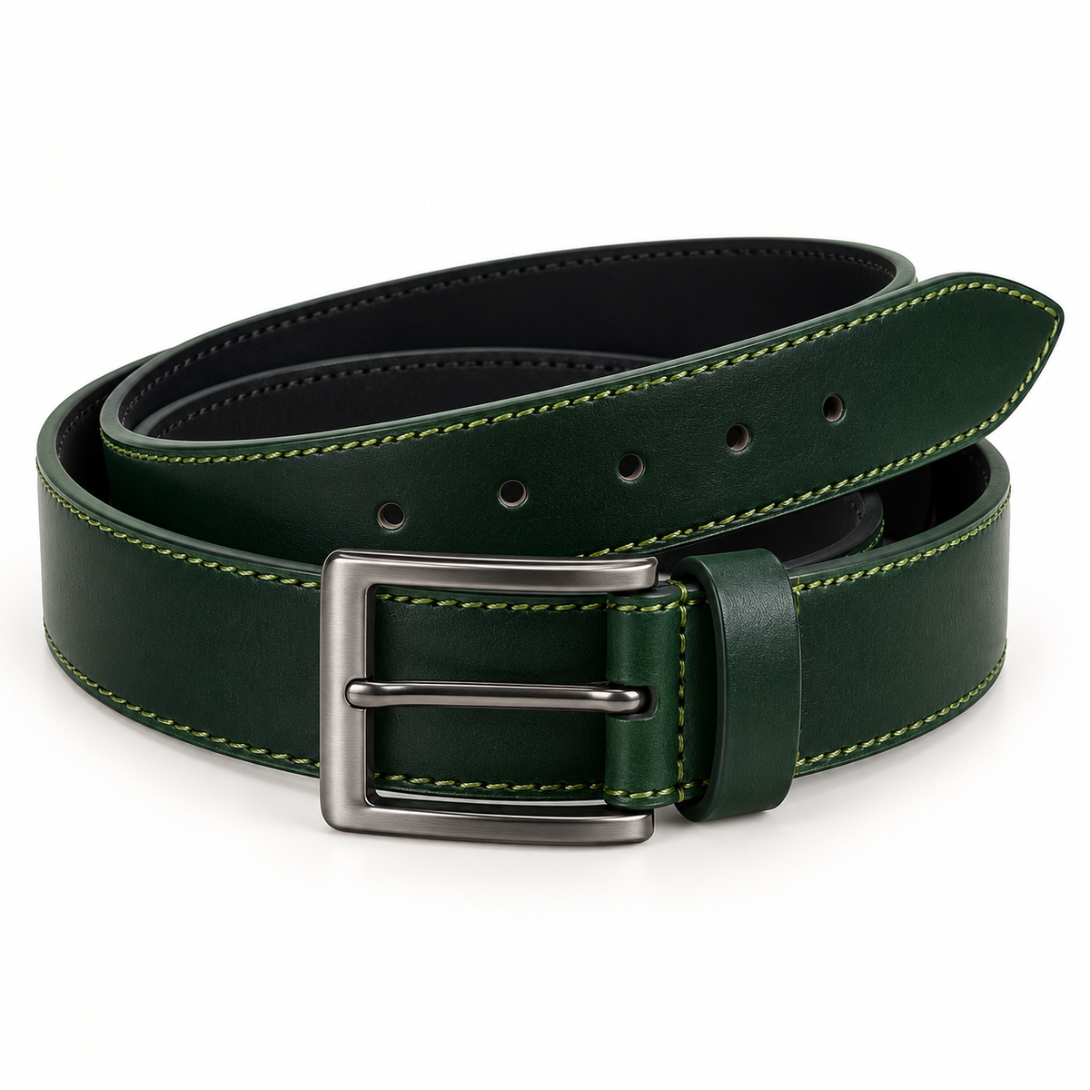 Dark green belt in an angled coiled view, showing contrasting light green edge stitching, a dark silver-tone rectangular pin buckle and matching keeper.
