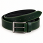 Dark green belt in an angled coiled view, showing contrasting light green edge stitching, a dark silver-tone rectangular pin buckle and matching keeper.