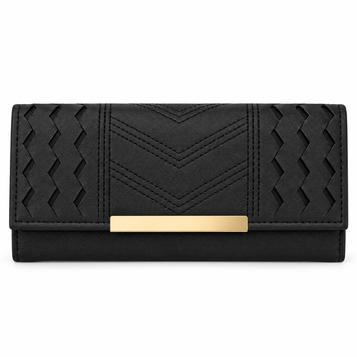 Black long wallet in straight-on view with a textured finish, zigzag cutout side details, central V-shaped stitching and a rectangular gold-tone accent.