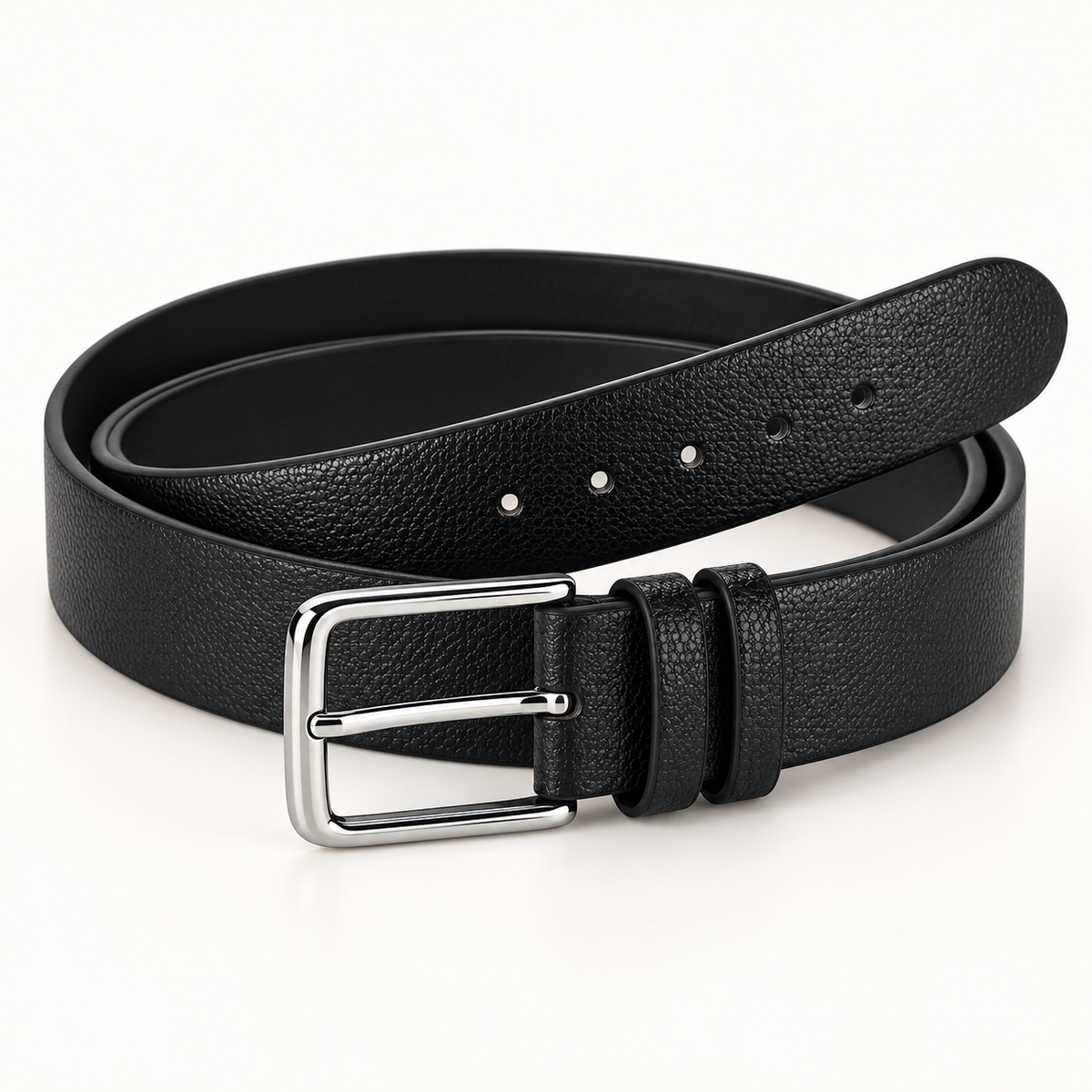 Black formal belt in an angled coiled view, showing a pebbled strap, silver-tone rectangular pin buckle, twin keeper loops and rounded tip with belt holes.