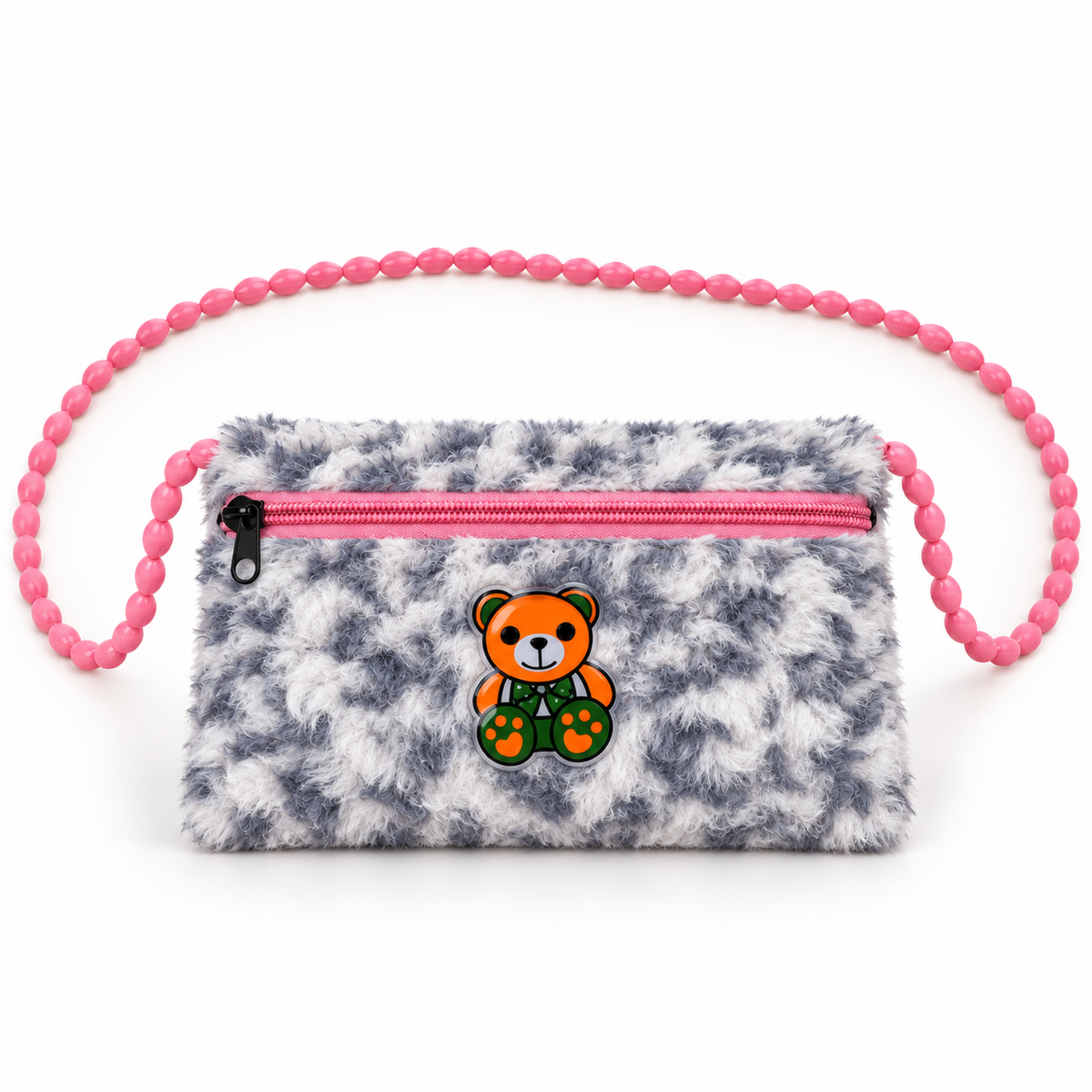 Grey and white patterned shoulder pouch shown from the front, with a shaggy texture, orange and green teddy bear detail, pink zipper and beaded strap.