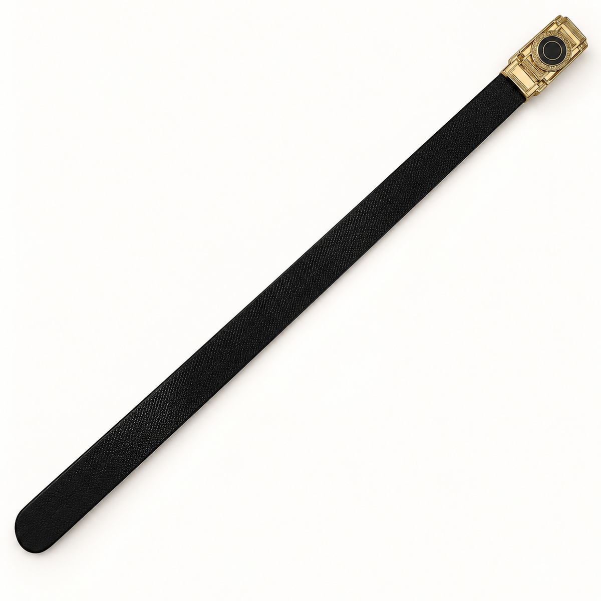 Black textured belt laid diagonally in a full-length overhead view, with a rounded tip and ornate gold-tone buckle featuring a circular black centre.