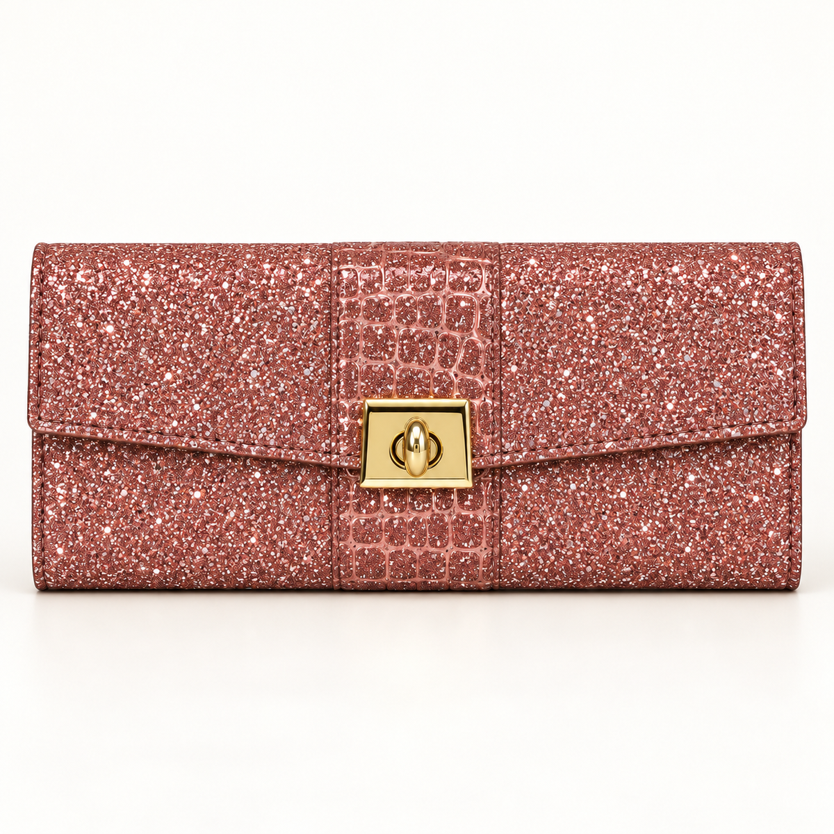Rose gold glitter evening clutch in straight-on view with an envelope-style flap, raised scale-pattern centre strip and gold-tone square turn lock.