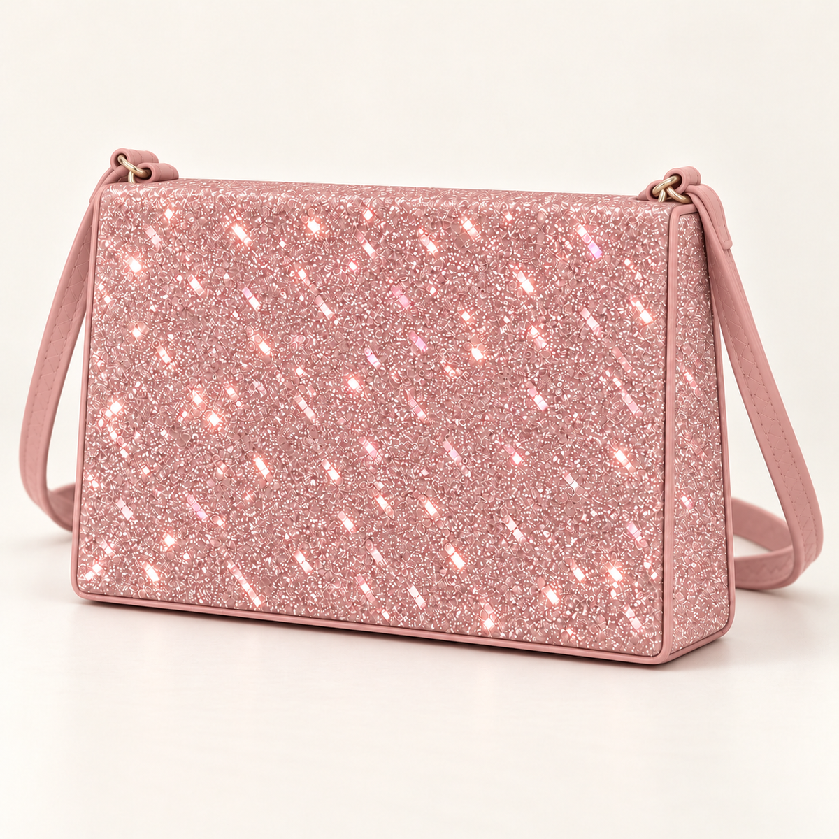 Three-quarter view of a blush pink rectangular women's sling bag showing the sparkling glitter front panel, structured side and matching shoulder strap