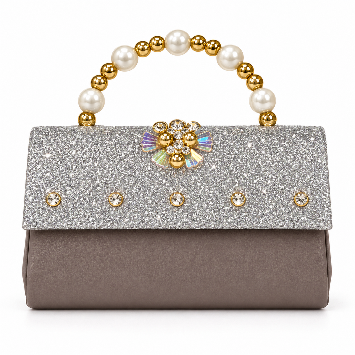 Taupe evening handbag shown from the front with a silver glitter flap, iridescent centre decoration, clear stone accents and cream and gold-tone bead handle.