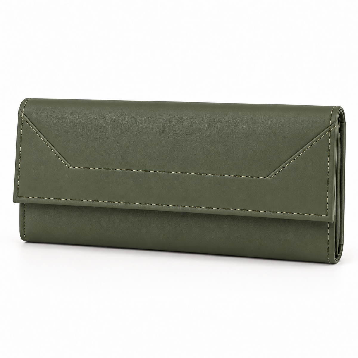 Olive green long wallet shown at a slight angle, featuring a textured surface, envelope-style stitched flap, light contrast stitching and folded side edges.