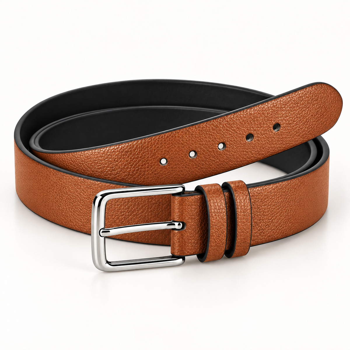 Tan formal belt in an angled coiled view, featuring a pebbled texture, silver-tone rectangular pin buckle, two keeper loops and round belt holes.
