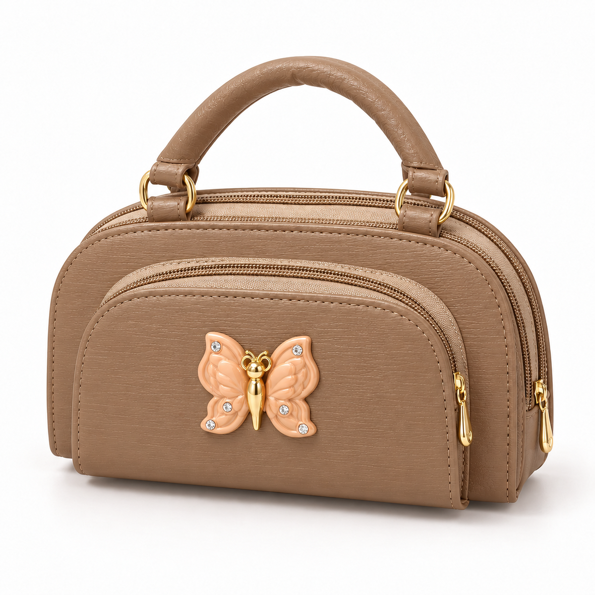 Beige top-handle handbag in three-quarter view, featuring fine horizontal texture, a curved front zip pocket and a peach butterfly with clear accents.
