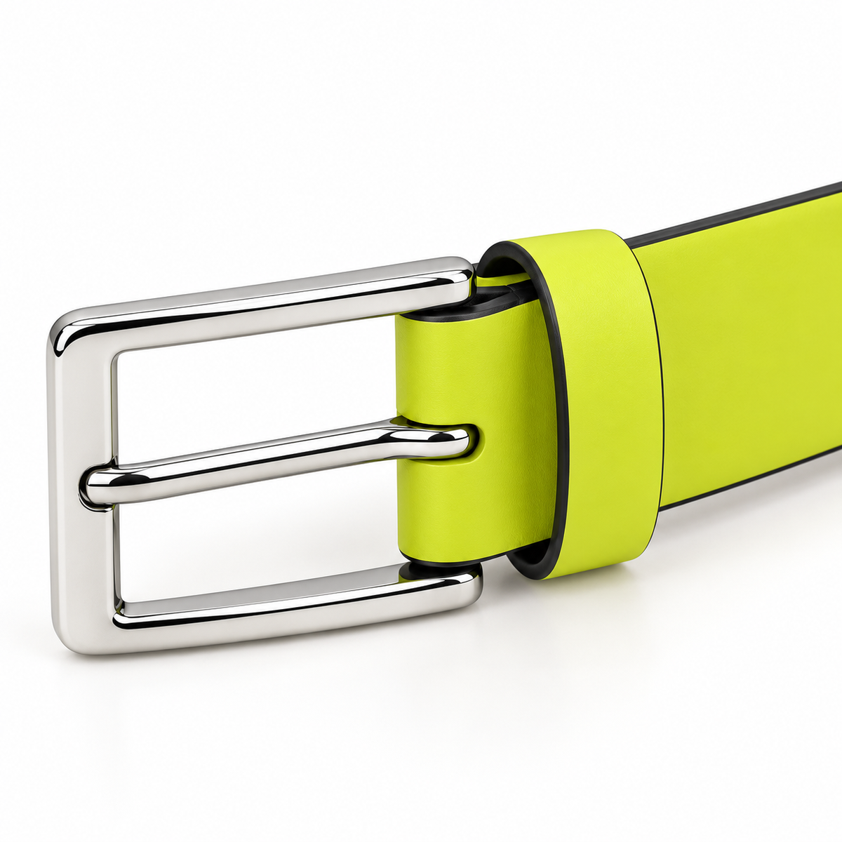 Neon yellow belt buckle detail viewed at an angle, highlighting the silver-tone frame and single prong, yellow keeper loop and contrasting black backing.