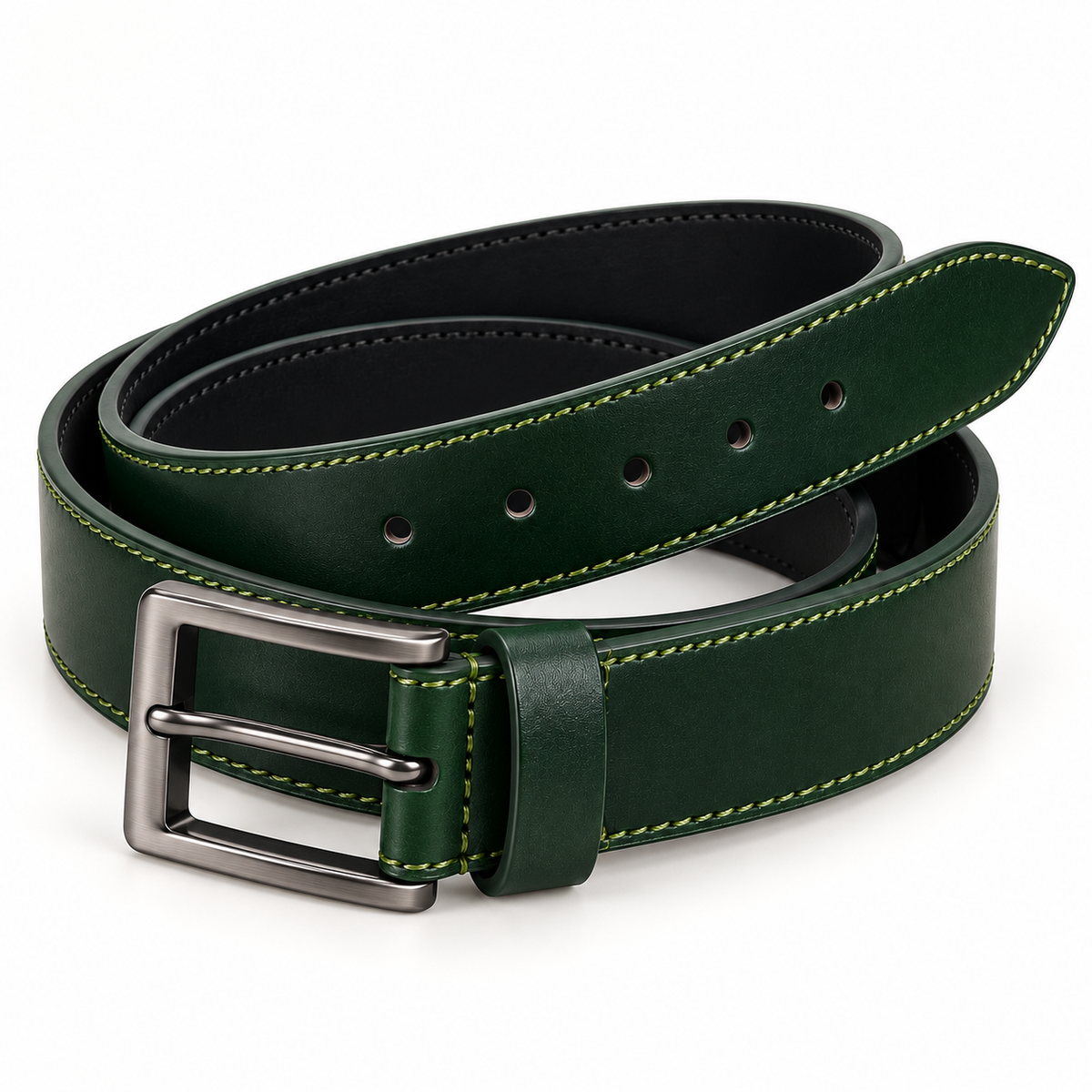 Dark green belt coiled in a three-quarter view, with a dark silver-tone pin buckle at the left, matching keeper, round holes and contrast-stitched edges.