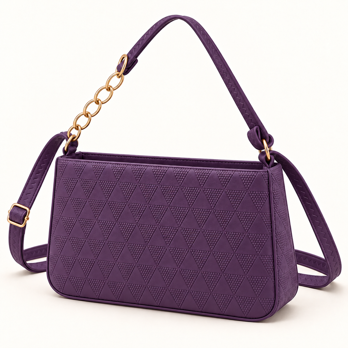 Purple shoulder bag in three-quarter view with alternating textured triangle patterns, a visible side panel, gold-tone chain links and a buckled strap.