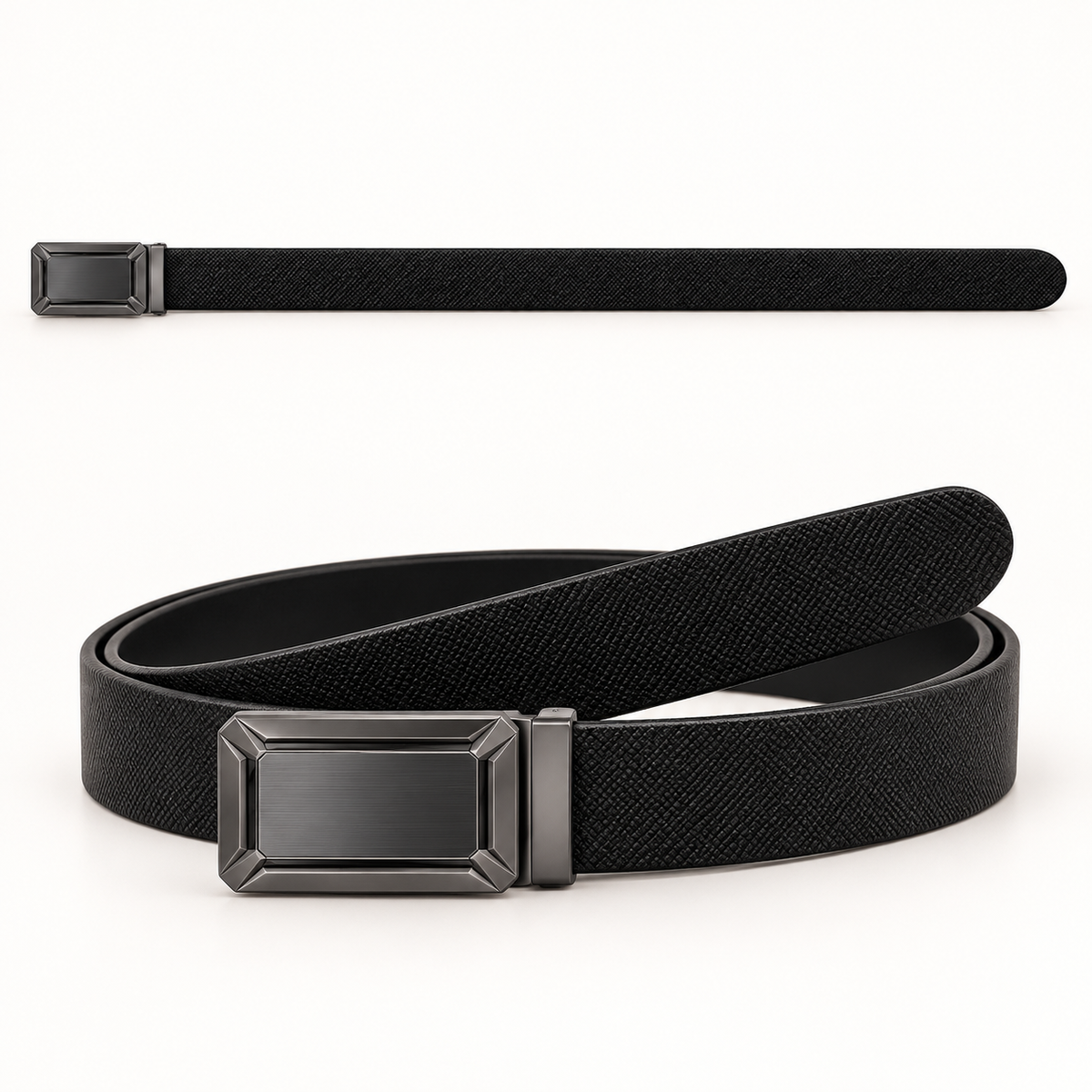 Black textured belt shown laid flat above a coiled close-up, highlighting its crosshatch surface, rounded tip and dark silver-tone rectangular plate buckle.